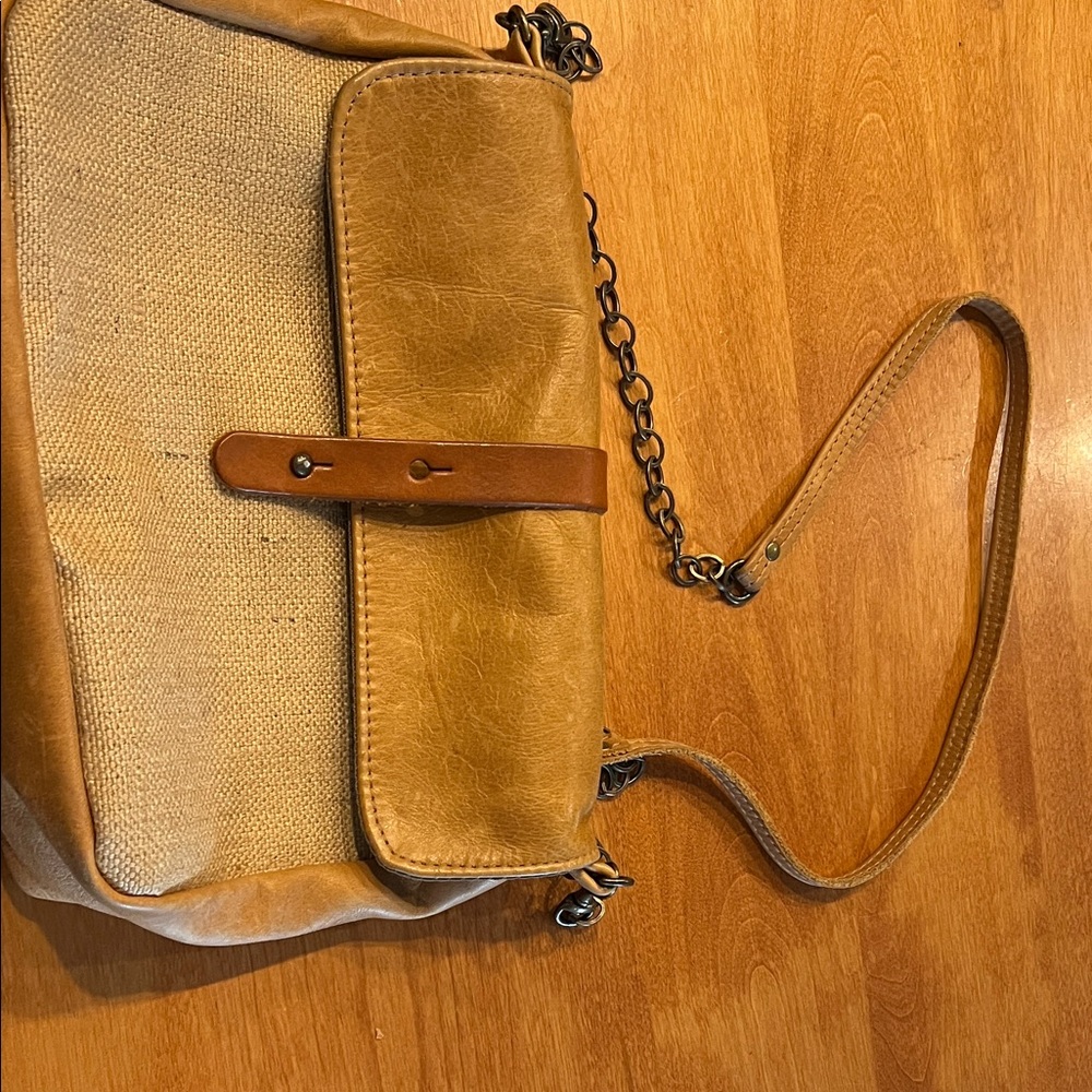 Elegant Tan Leather and Canvas Crossbody Bag
